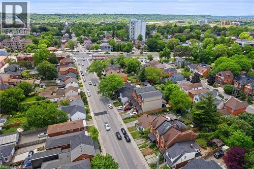 Aerial perspective showcasing a tree-lined residential street with various architectural styles, including brick and siding exteriors, surrounded by mature greenery - 193 Locke Street N, Hamilton, ON - Outdoor With Deck Patio Veranda With View