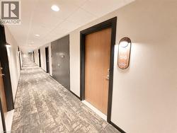 Hallway featuring recessed lighting, a patterned carpet runner, and light wood-finish doors with dark trim - 