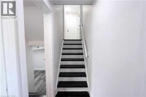 Staircase featuring contrasting black risers and white treads, with a white painted handrail - 77 Orchard Mill Crescent, Kitchener, ON 