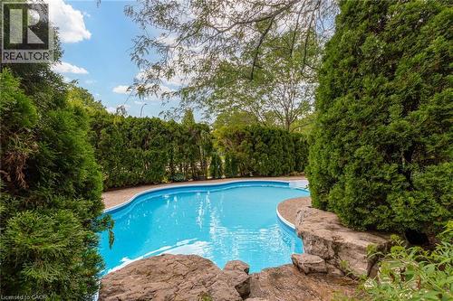 Curved inground pool featuring natural rock accents and a surrounding privacy hedge - 1320 Monmouth Drive, Burlington, ON 