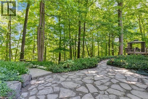 Stone pathway with lush landscaping and mature trees - 110 Grand Ridge Drive, Cambridge, ON 