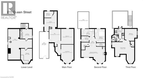 Complete floor plan showcasing all three units, including the basement level with shared laundry. - 270 Queen Street S, Hamilton, ON 