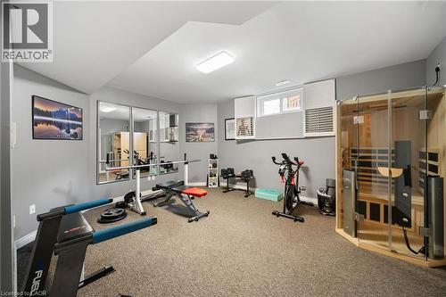 Spacious room featuring neutral carpeting, a built-in sauna with glass panels, and reflective wall panels - 39 Elodia Court, Hamilton, ON 