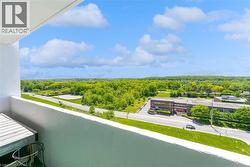 Elevated balcony with a white concrete railing, providing expansive surroundings of mature trees and distant structures - 