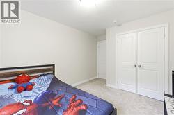 Carpeted room featuring light-colored walls, a prominent double-door closet with panel detailing and chrome hardware, and an additional white paneled door - 