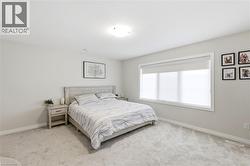 Bright room featuring light grey walls, plush grey carpeting, a large window with roller shades, and a ceiling-mounted light fixture - 