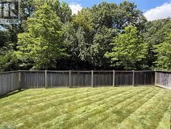 Expansive backyard featuring a manicured lawn, full privacy fencing, and mature tree-lined perimeter - 