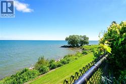 Expansive waterfront setting featuring a grassy slope, mature trees, and a black chain-link fence - 
