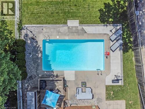 Rectangular swimming pool with integrated steps, surrounded by concrete decking - 139 Dorset Road, Cambridge, ON 