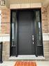 Modern black entry door with horizontal panel detailing, flanked by full-length sidelight windows - 10 Guernsey Drive Unit# Upper, Kitchener, ON 