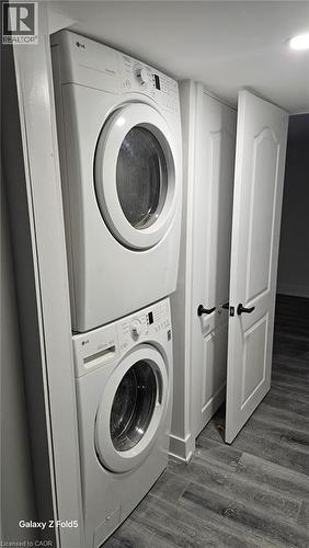 Stackable laundry appliances featuring front-loading washer and dryer units - 134 E Bridgeport Road E Unit# Lower, Waterloo, ON 