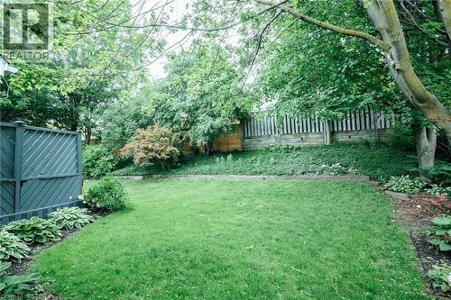 Spacious backyard featuring a manicured lawn, established trees, and a slatted privacy screen - 28 Mcgibbon Court, Kitchener, ON 