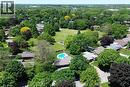 Aerial perspective showcasing a residential area with extensive tree coverage and varied rooflines - 8 Sheridan Boulevard, Simcoe, ON 