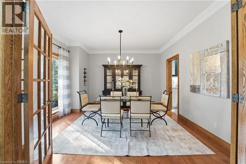 Dining area featuring warm wood-finish flooring, white crown molding, and light gray walls - 271 Windham Rd 14, Simcoe, ON 