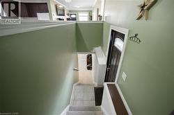 Split-level interior featuring a carpeted staircase with tile landing, a dark-paneled door with an arched glass insert, and light green walls - 