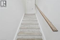 Carpeted staircase with a wood-finish handrail and crisp white trim - 