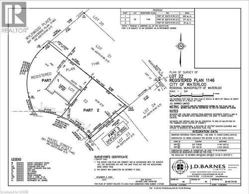 Plan of Survey. Detailing boundaries and property divisions for the specified lot - 462 Hazel Street, Waterloo, ON 