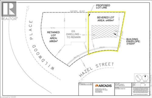 Severance Sketch. Illustrating the proposed lot line and areas for the retained and severed portions of the property - 462 Hazel Street, Waterloo, ON 