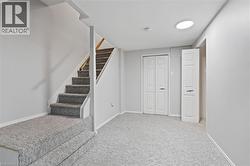 Carpeted staircase with wood handrail, light gray wall paint, white trim, and a ceiling-mounted light fixture - 