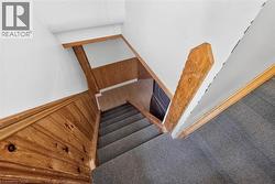 Carpeted staircase with natural wood paneling and trim - 