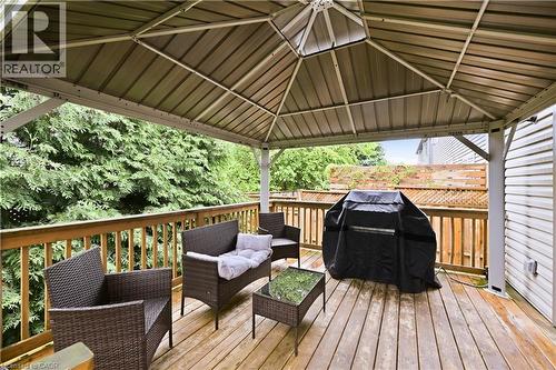 Expansive outdoor deck featuring a fixed gazebo structure, natural wood decking, and a slatted wood railing - 1 Lindsay Way, Grimsby, ON - Outdoor With Deck Patio Veranda With Exterior