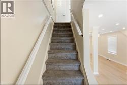 Carpeted staircase with white handrails leading to a paneled door - 