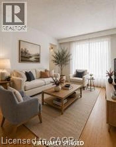 Living area featuring wood-finish flooring, a large window with sheer white blinds, recessed lighting, and a neutral color palette - 396 Pinemeadow Avenue, Mississauga, ON 