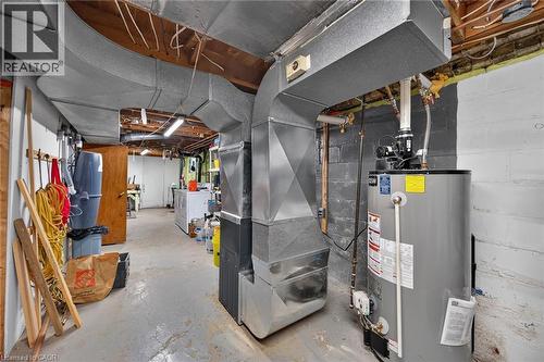 Basement utility area featuring a water heater, furnace, exposed ductwork, and concrete flooring - 83 Aberfoyle Avenue, Hamilton, ON 