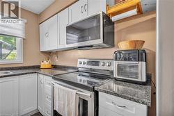 Modern kitchen featuring white shaker cabinetry and dark speckled countertops - 