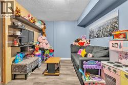 Finished room with wood-finish flooring, a painted ceiling, and a prominent blue wall - 