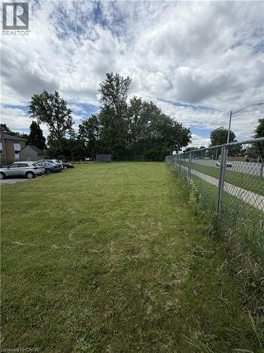 Expansive grass lot featuring a chain-link fence border and mature trees - 26 Carnaby Crescent, Kitchener, ON 