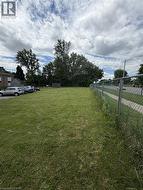 Expansive grass lot featuring a chain-link fence border and mature trees - 