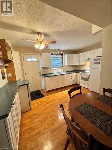 Kitchen featuring wood-finish flooring, white cabinetry, and dark countertops - 227 Fergus Avenue, Kitchener, ON 