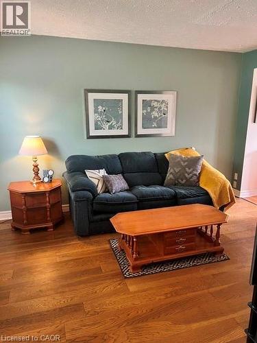 Living space featuring wood-finish flooring, light green wall paint, and a textured white ceiling - 227 Fergus Avenue, Kitchener, ON 