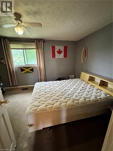 Carpeted room featuring a ceiling fan with integrated lighting, a window with blinds and drapes, and a built-in headboard with shelving - 227 Fergus Avenue, Kitchener, ON 