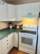 Light-toned wood-finish flooring complements the kitchen's white cabinetry and green countertops - 