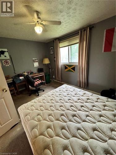 Room featuring carpet flooring, a window with horizontal blinds and drapery, a ceiling fan with integrated lighting, and a solid interior door - 227 Fergus Avenue, Kitchener, ON 