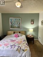 Carpeted room with a ceiling fan, a bi-fold closet door, and a traditional hinged door - 