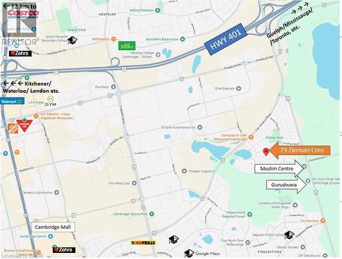 Map of property and few key points based on Google Maps - 79 Zieman Crescent, Cambridge, ON 