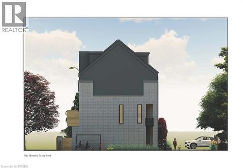 The property features a modern facade with a dark gray gabled roof and light gray brick-like siding - 759 Maple Avenue, Burlington, ON 