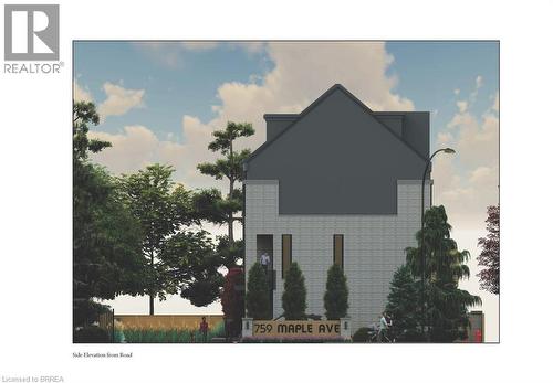 The property features a contemporary architectural style with a prominent dark gray roofline and light-colored brick facade - 759 Maple Avenue, Burlington, ON 