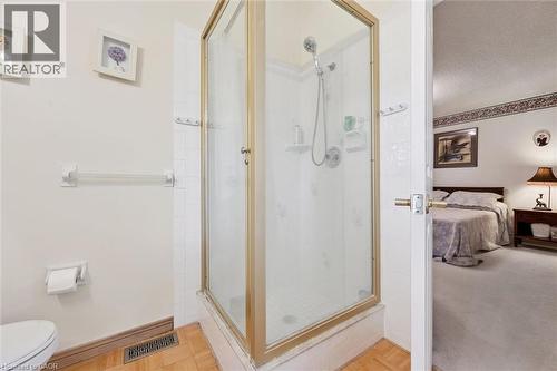 Walk-in shower with gold-tone frame and clear glass enclosure - 176 Sandford Fleming Drive, Waterloo, ON - Indoor Photo Showing Bathroom