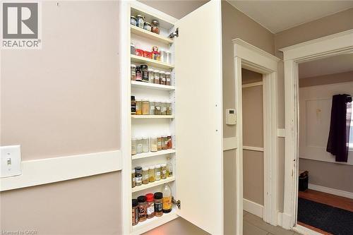 Tall built-in pantry cabinet with multiple shelves, featuring a white door and trim - 56 Barons Avenue N, Hamilton, ON 