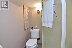 Compact bathroom featuring a white toilet, wall-mounted light fixture, and a shower stall with frosted glass - 