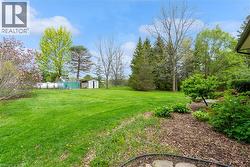 Expansive green lawn with mature trees, established garden beds, and two storage sheds - 
