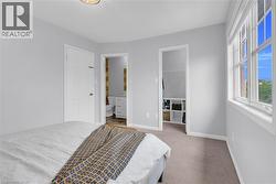 Neutral-toned bedroom featuring a multi-pane window, light gray walls, and carpet flooring - 