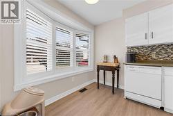 Bay window with white plantation shutters and white trim - 