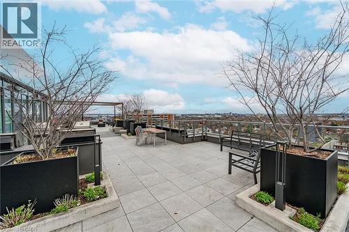Expansive rooftop terrace with large format paver flooring, multiple planter beds, glass railings, and a pergola structure - 212 King William Street Unit# 418, Hamilton, ON 