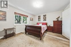 Bedroom featuring light-toned wall paint and neutral carpet flooring - 