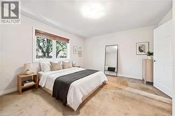 Bright bedroom featuring light-toned walls and plush carpeting - 